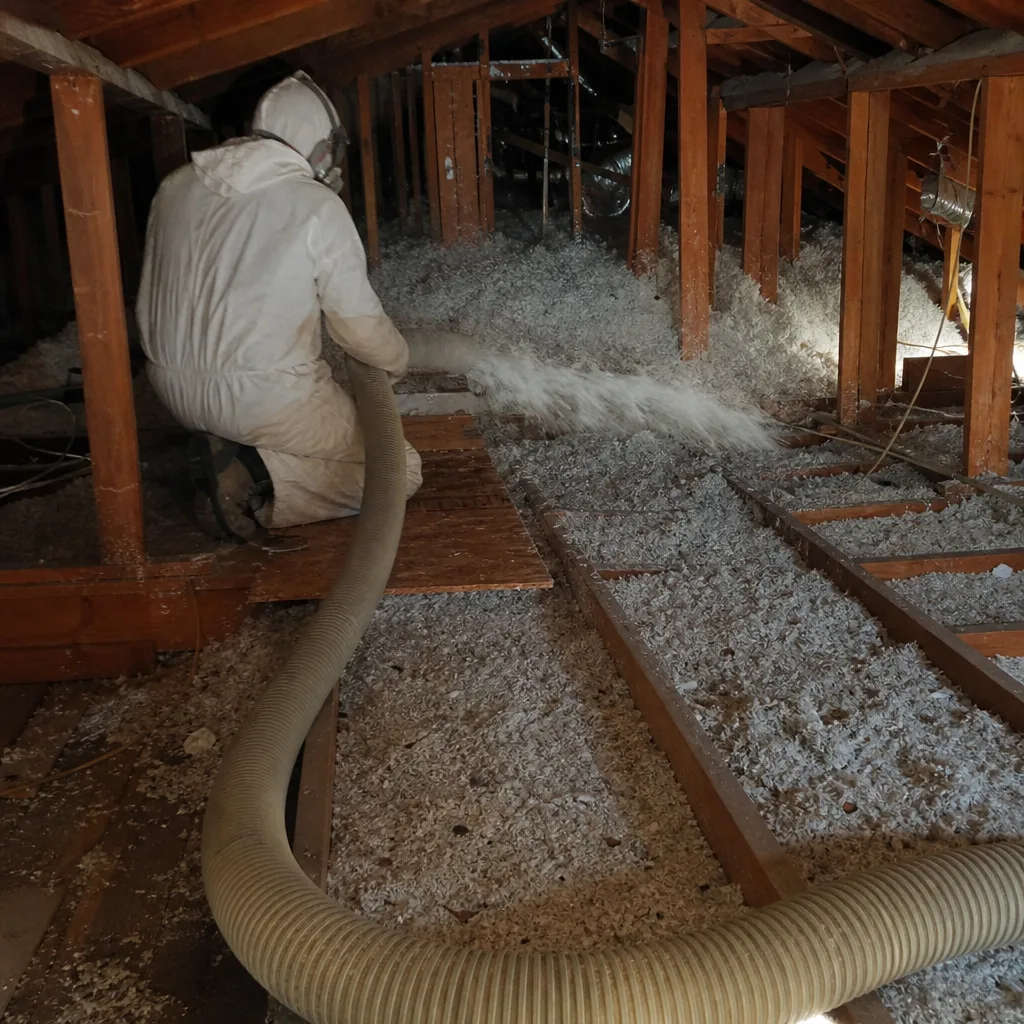 Professional blowing cellulose insulation into an unfinished attic space