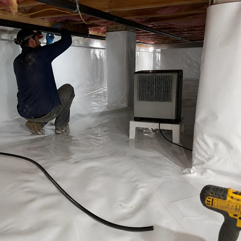 Technician performing crawl space encapsulation with vapor barrier and dehumidifier