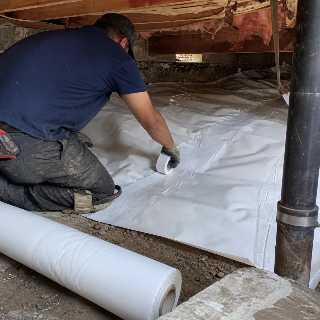 Contractor installing vapor barrier for crawl space encapsulation