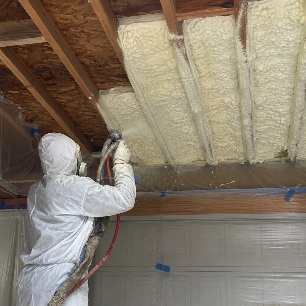Professional applying spray foam insulation to garage ceiling rafters